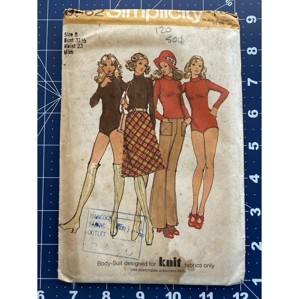VTG 70s Simplicity Pattern 9562 Miss Bodysuit, Bias Skirt, & Pants Size 8 UC FF